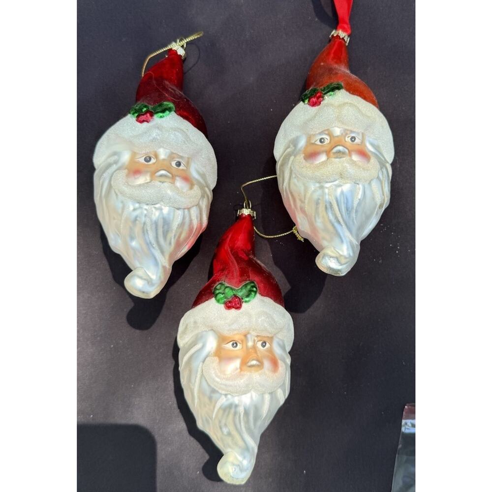 3 Vintage Dept 56 Hand Blown Glass Santa Head Red Hat Christmas Ornament -LO10